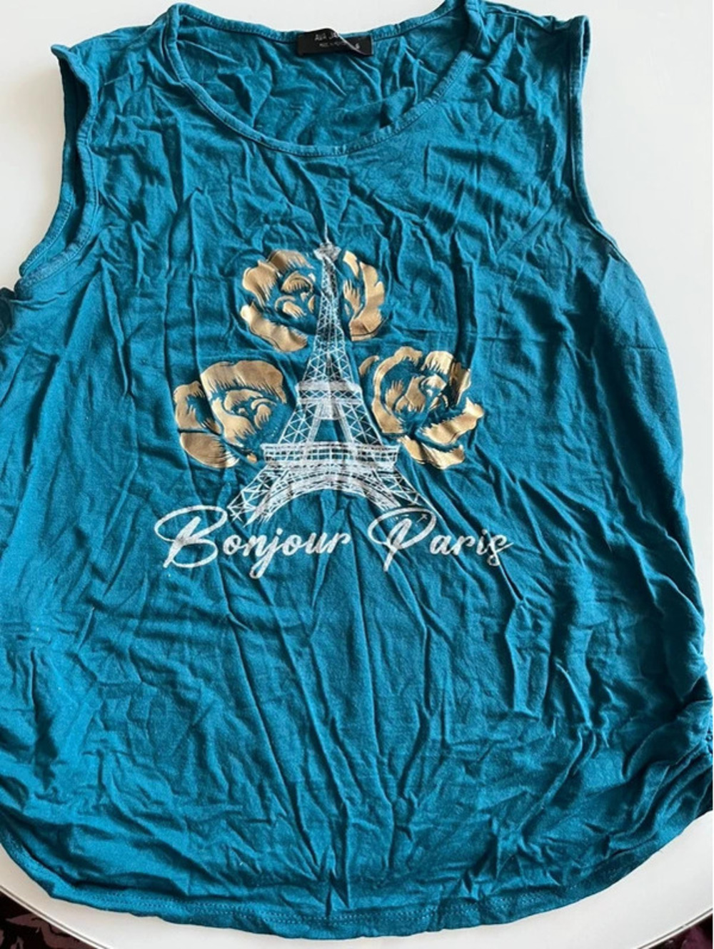 Ava James turquoise teal woman tank top shirt bonjour Paris Small sleeveless